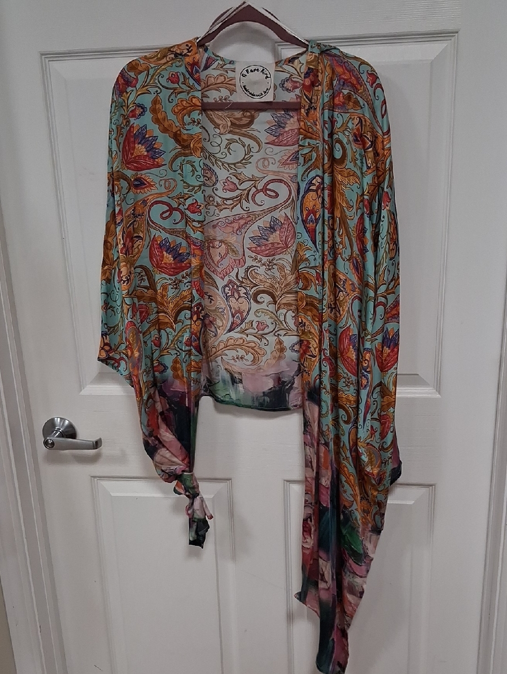 Boho Floral Sheer Draped Kimono Cardigan - Turquoise Multicolor